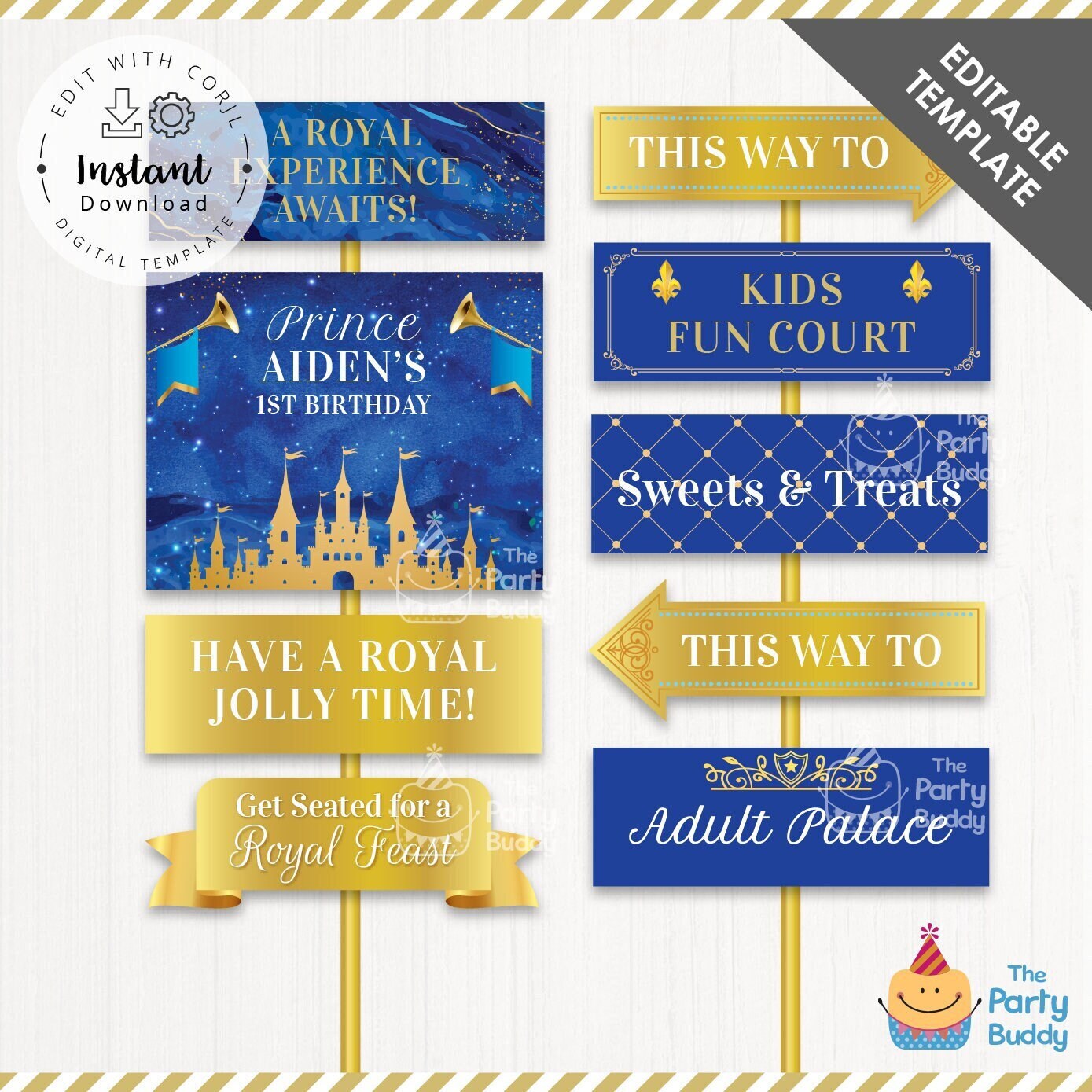 Editable Royal Prince Boys Birthday Party Signs | Blue Gold Welcome Sign Directional Signage Decor | Digital File Corjl INSTANT Download
