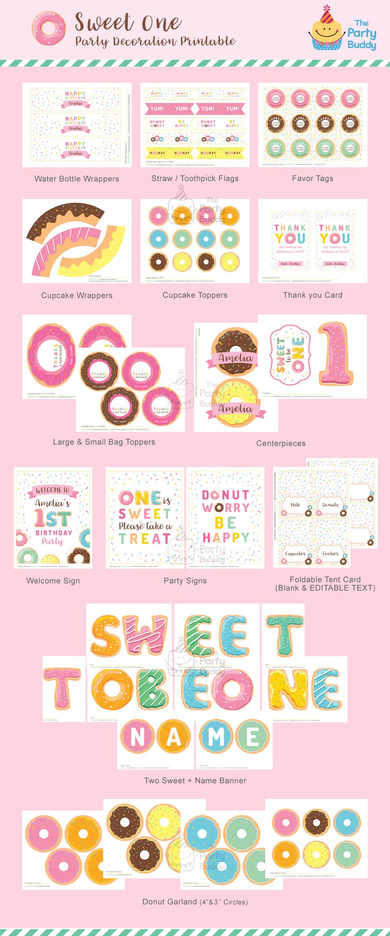 Sweet to be ONE Girls 1st Birthday Party Pack Donut Party Kit Personalized Digital PDF Printable Files Package DIY image 4
