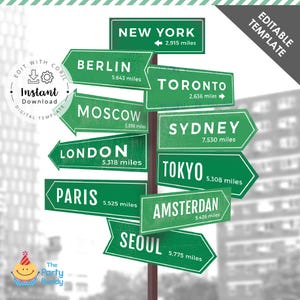 Segnaletica stradale internazionale modificabile per città, decorazioni, destinazioni di viaggio, feste, città, segnaletica stradale, modello digitale Corjl, download IMMEDIATO