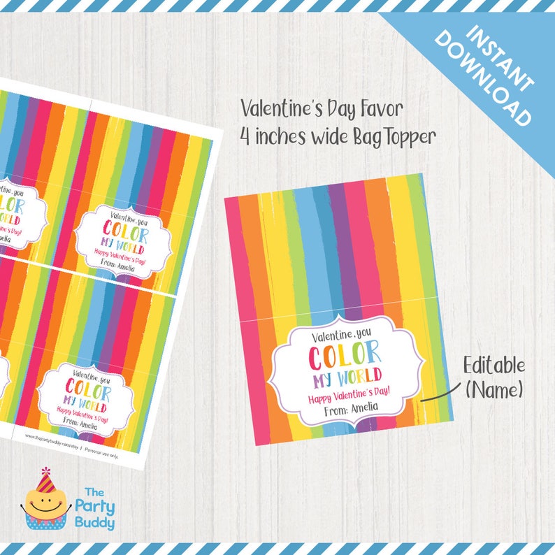 Valentine Colorful Bag Topper Printable You Color My World | Etsy