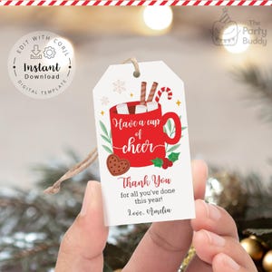 Etichetta di ringraziamento per insegnante con tazza di allegria per Natale / Etichette regalo di cioccolata calda per le vacanze scolastiche / File digitale Corjl modificabile Download immediato