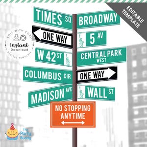 Segnaletica stradale di New York City modificabile, decorazione / Segnaletica stradale di New York City, direzione e feste di viaggio / Modello Corjl stampabile digitale, download immediato