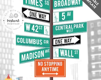 Letreros de calles de Nueva York editables, decoración, fiesta de viajes, dirección de NYC, señalización vial, plantilla Corjl imprimible digitalmente, descarga instantánea
