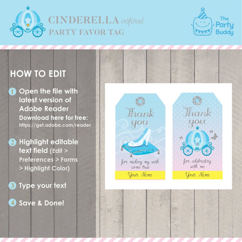 May include: Two Cinderella-themed thank you tags with blue and pink backgrounds. The left tag features a glass slipper on a blue rug with the text "Thank you for making my wish come true". The right tag features a Cinderella carriage with the text "Thank you for celebrating with me". Both tags have a yellow banner at the bottom with the text "Your Name".