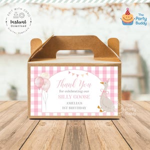 Etiqueta imprimible editable para caja de regalo de fiesta de Silly Goose Pink Gingham / Tarjeta de agradecimiento / Archivo digital / Plantilla Corjl de descarga instantánea
