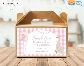 Silly Goose Pink Gingham Party Favor Box Label Printable Editable | Thank You Card Gift Deco | Digital File Corjl Template Instant Download