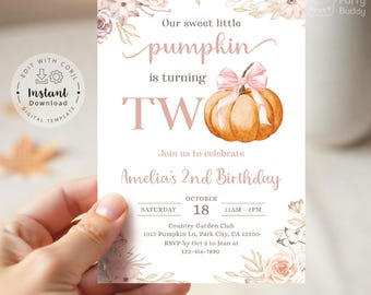 May include: A birthday invitation with a watercolor pumpkin illustration and the text "Our sweet little pumpkin is turning TWO." The invitation includes event details: date, time, and location. The design features floral accents and a pink bow.