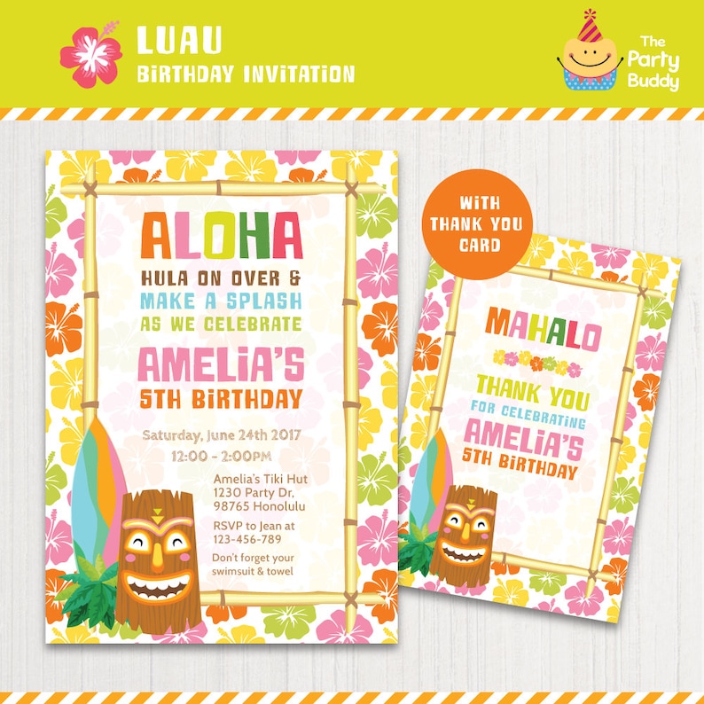 Orange Hawaiian Tropical Luau Personalised Party Invitations