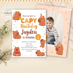 Editable Capybara Boy Birthday Invitation | Cute Capybara Party Invite Cappy Birthday | Digital File Corjl Template Edit Instant Download