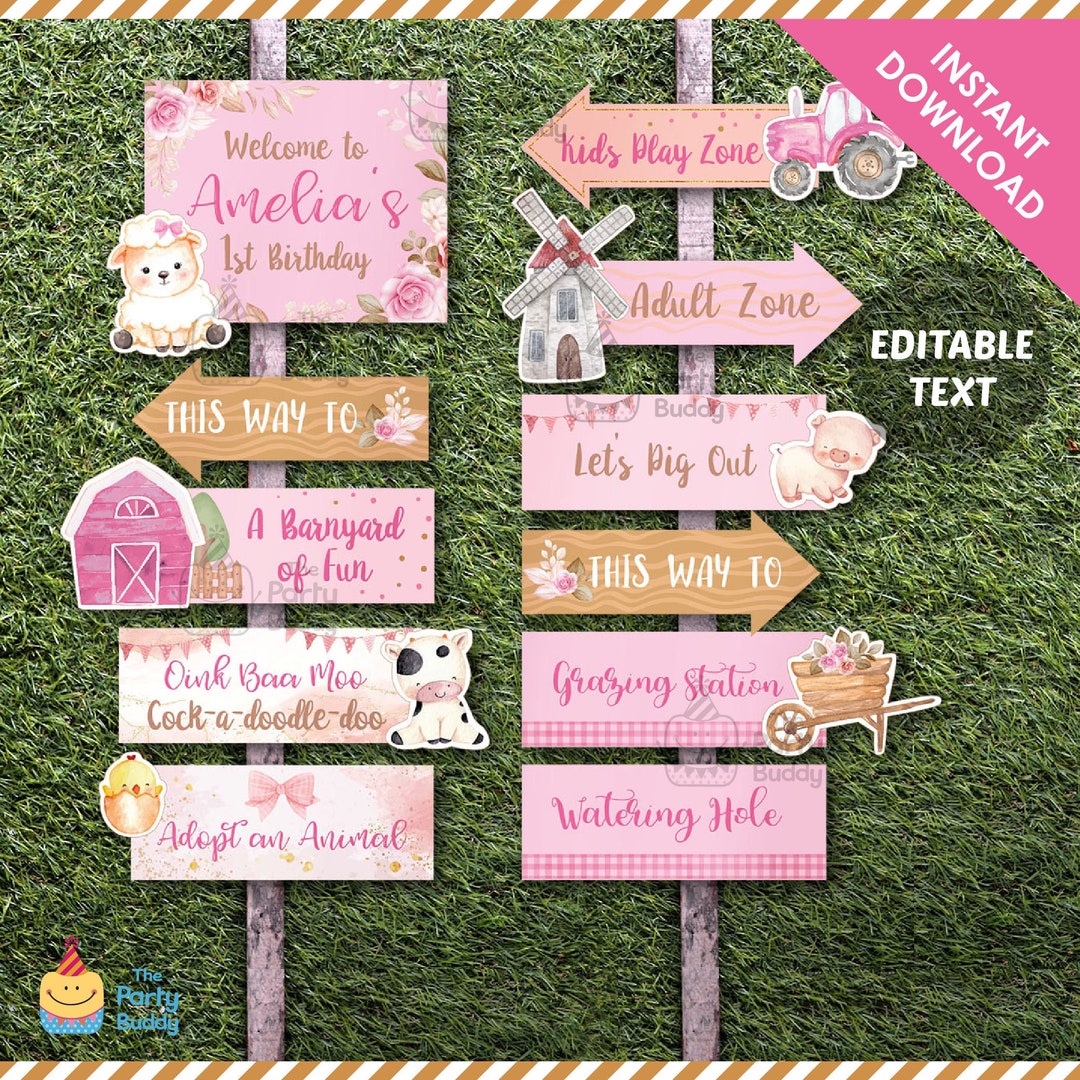 Farm Barnyard Party Sign Decors | Girls Birthday Floral Pastel Pink ...