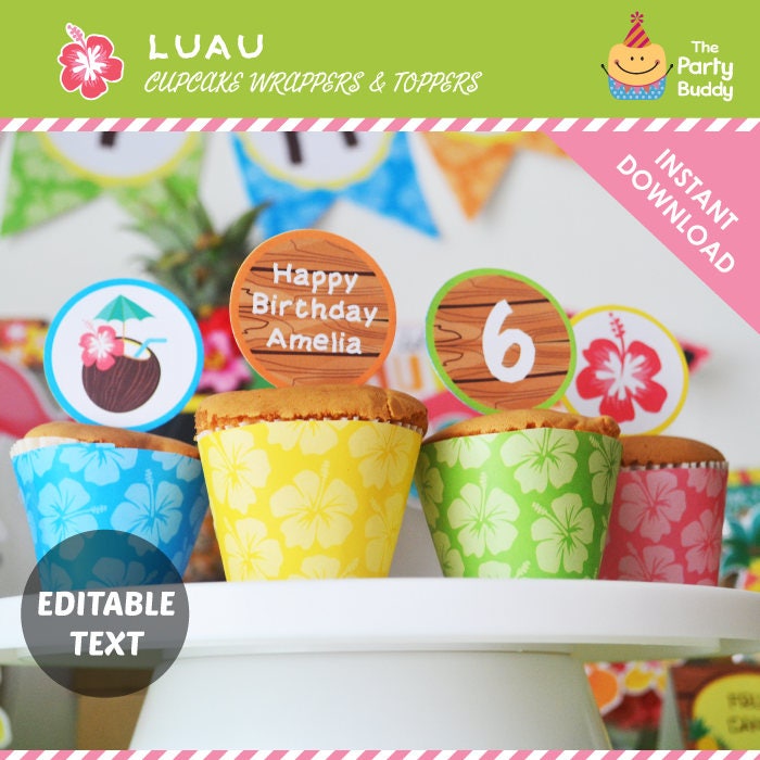 Tropical Hawaiian Luau Cupcake Wrappers Toppers Aloha Luau Birthday Editable Text Self Edit Digital Printable PDF INSTANT