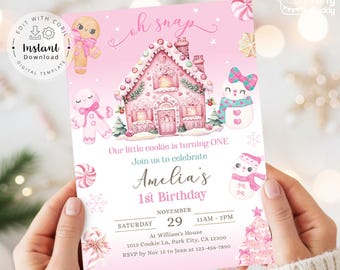 May include: A pink birthday invitation with a gingerbread house, gingerbread people, and snowmen illustrations. The text reads "Amelia's 1st Birthday" with event details. The invitation is a digital template.