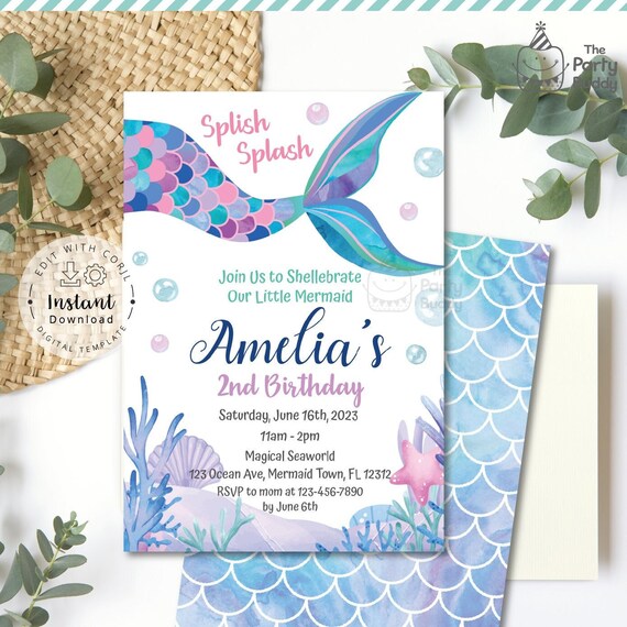 Editable Mermaid Birthday Invitation | Girls Under The Sea Summer Pool Party Underwater Invite | Digital File Template Edit Instant Download