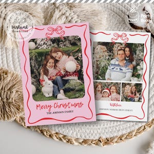 Einfache Weihnachtsbogen-Fotokarte-bearbeitbare Vorlage | Red Ribbon Girlande Jakobsmuschel Urlaub Gruß Fotos | Digitale Datei Sofort-Download CORJL