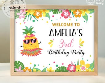 Pineapple Tropical Summer Party Welcome Sign | Girl Floral Hawaiian Luau Birthday Poster | Digital Printable File Editable Corjl Template