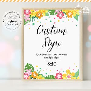 Letrero floral personalizado editable de Luau / Póster de flores tropicales de verano con piña (texto personalizado) / Plantilla Corjl imprimible digitalmente (descarga instantánea)