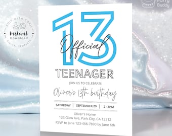 Official Teenager 13th Birthday Invitation Modern Minimal Simple Teen Boy Thirteen Invite | Editable Digital Corjl Template Instant Download