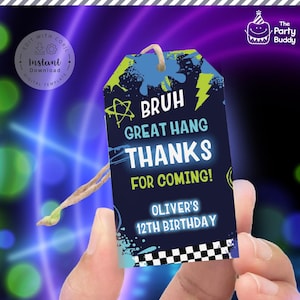 Trendy Slang Bruh Great Hang Party Favor Tag | Gen Z Verjaardagsbedankkaartjes jongen Blauw Groen | Digitaal bestand Corjl direct downloaden bewerkbaar