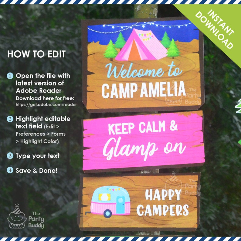 May include: Four printable signs for a camping themed party. The signs are wooden with a rustic look. The first sign says "Welcome to Camp Amelia". The second sign says "Keep Calm & Glamp On". The third sign says "Happy Campers". The fourth sign has a cartoon image of a camper.