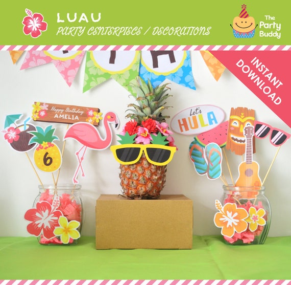 Luau Summer Party Centerpiece Decorations Editable Text Pool Beach Hawaiian  Birthday Decor Digital Printable PDF Instant Download 