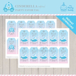 May include: A sheet of printable Cinderella-themed party favour tags. The tags are blue and pink with images of a carriage, a glass slipper, and a crown. The text on the tags reads "Thank you for making my wish come true".