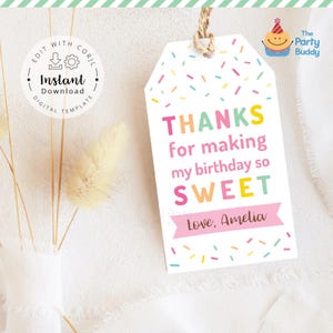 Bearbeitbar Süßer Geburtstag Dankeschön-Tag | Mädchen Regenbogen Sprinkle Party Favor Label Tags | Digital druckbare Corjl Vorlage SOFORT Download