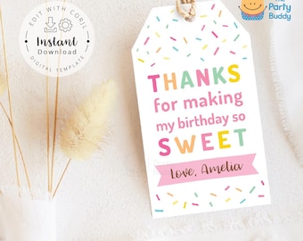 Étiquette de remerciement modifiable pour un anniversaire doux | Etiquettes pour cadeau de fête d'enfant à saupoudrer arc-en-ciel pour filles | Modèle numérique Corjl imprimable à téléchargement immédiat