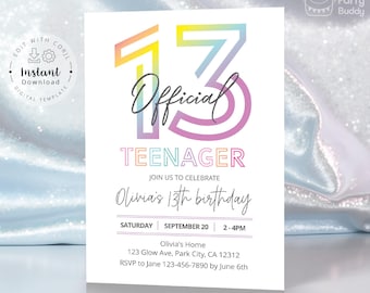 Official Teenager 13th Birthday Invitation Modern Minimalist Teen Girl Thirteen Invite | Editable Digital Corjl Template Instant Download