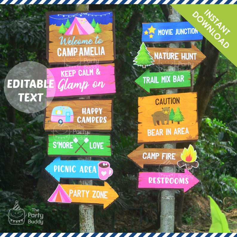 May include: A set of 10 printable camping themed signs for a party. The signs are in the shape of arrows and have different colors and designs. The signs include text such as "Welcome to Camp Amelia", "Keep Calm & Glamp On", "Happy Campers", "S'more Love", "Picnic Area", "Party Zone", "Movie Junction", "Nature Hunt", "Trail Mix Bar", "Caution Bear in Area", "Camp Fire", and "Restrooms".