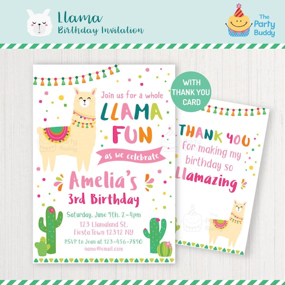 LLAMA FUN BIRTHDAY invitation cactus theme card Birthday Party watercolor southwest llama birthday party girl birthday invitations alpaca