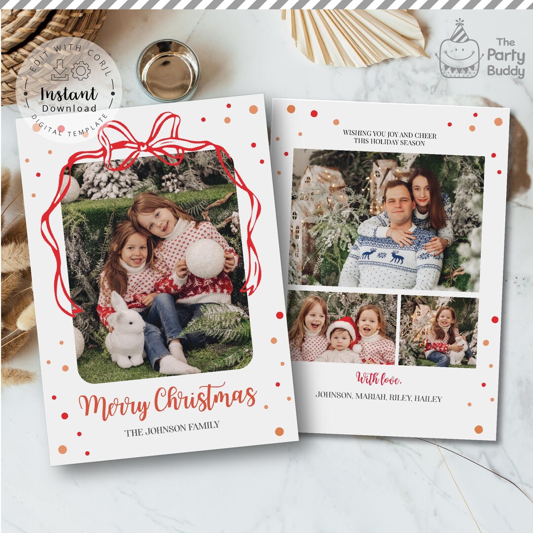 Christmas Red Bow Ribbon Garland Photo Card Template Editable | Family ...
