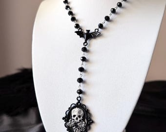 Gothic Rosary Necklace, Black With Skul Cameo Pendant, Goth Alt Lariat, dark academia victorian necklace