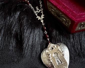 Gothic Heart Locket Rosary Necklace, Antique Lock Detail, Burgundy Glass Beads, Victorian Handmade Dark Jewelry