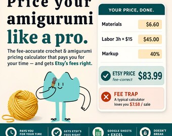 Amigurumi Crochet Pricing Calculator, Etsy Fee-Accurate Spreadsheet (Google Sheets/Excel)