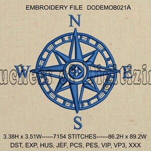 May include: Blue compass embroidery design with a starburst pattern and the letters N, S, E, and W. The design is 3.38 inches high by 3.51 inches wide and has 7154 stitches. The file formats included are DST, EXP, HUS, JEF, PCS, PES, VIP, VP3, and XXX.