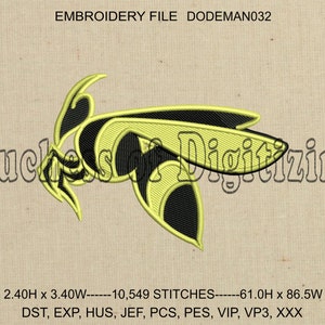 May include: A yellow and black bee embroidery design with 10,549 stitches. The design is 2.40 inches tall and 3.40 inches wide. The embroidery file is available in DST, EXP, HUS, JEF, PCS, PES, VIP, VP3, and XXX formats.