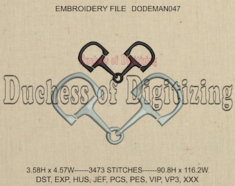 May include: Two silver horse bits, one on top of the other, forming a heart shape. The top bit is black. The image includes the text "Duchess of Digitizing" and the text "3.58H x 4.57W----3473 STITCHES----90.8H x 116.2W DST, EXP, HUS, JEF, PCS, PES, VIP, VP3, XXX".