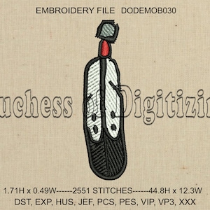 May include: Black and white embroidery design of a feather with red accents. The design is 1.71 inches tall and 0.49 inches wide and has 2551 stitches. The file is available in DST, EXP, HUS, JEF, PCS, PES, VIP, VP3, and XXX formats.