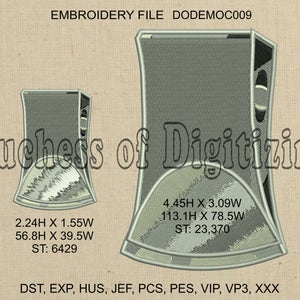 May include: Embroidery file design for a machine embroidery project. The design is a gray and white geometric shape with the text "Duchess of Digitizing" and the file name "DODEMOC009". The design is 2.24 inches high by 1.55 inches wide and has 6,429 stitches. The design is also available in 4.45 inches high by 3.09 inches wide with 23,370 stitches. The file formats included are DST, EXP, HUS, JEF, PCS, PES, VIP, VP3, and XXX.