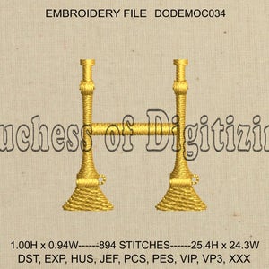 May include: Gold embroidery design of the letter H, with the text "Duchess of Digitizing" and the file name "DODEMOC034".