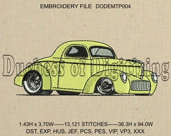 May include: A yellow vintage car with a black interior and white tyres. The car is a coupe with a rounded body style. The car is a digital embroidery file with 13,121 stitches. The file is available in the following formats: DST, EXP, HUS, JEF, PCS, PES, VIP, VP3, XXX.