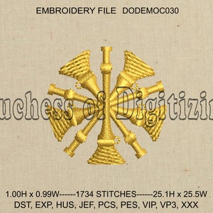 May include: Gold embroidery design of a stylized trumpet with 8 trumpets radiating out from the center. The design is 1.00 inches high by 0.99 inches wide and has 1734 stitches. The design is available in the following formats: DST, EXP, HUS, JEF, PCS, PES, VIP, VP3, XXX.