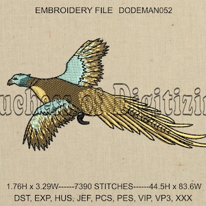 Pheasant Embroidery Design, Bird Embroidery Design, Pheasant Embroidery File, Bird Embroidery File, DODEMAN052