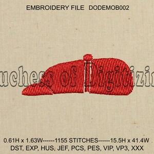 May include: Red embroidered design of a baseball cap. The design is 0.61 inches high and 1.63 inches wide. It contains 1155 stitches. The design is 15.5 inches high and 41.4 inches wide. The file formats available are DST, EXP, HUS, JEF, PCS, PES, VIP, VP3, and XXX.