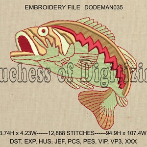 Large Mouth Bass Embroidery Design, Fish Embroidery Design, Bass Embroidery File, Fish Embroidery File, DODEMAN035