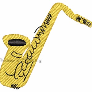 May include: A yellow saxophone with black details. The saxophone is a musical instrument.