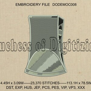 May include: An embroidery file design featuring a stylized, geometric shape with a gradient of gray tones. The text "Duchess of Digitizing" is displayed in a decorative font. The design dimensions are 4.45 inches high by 3.09 inches wide.