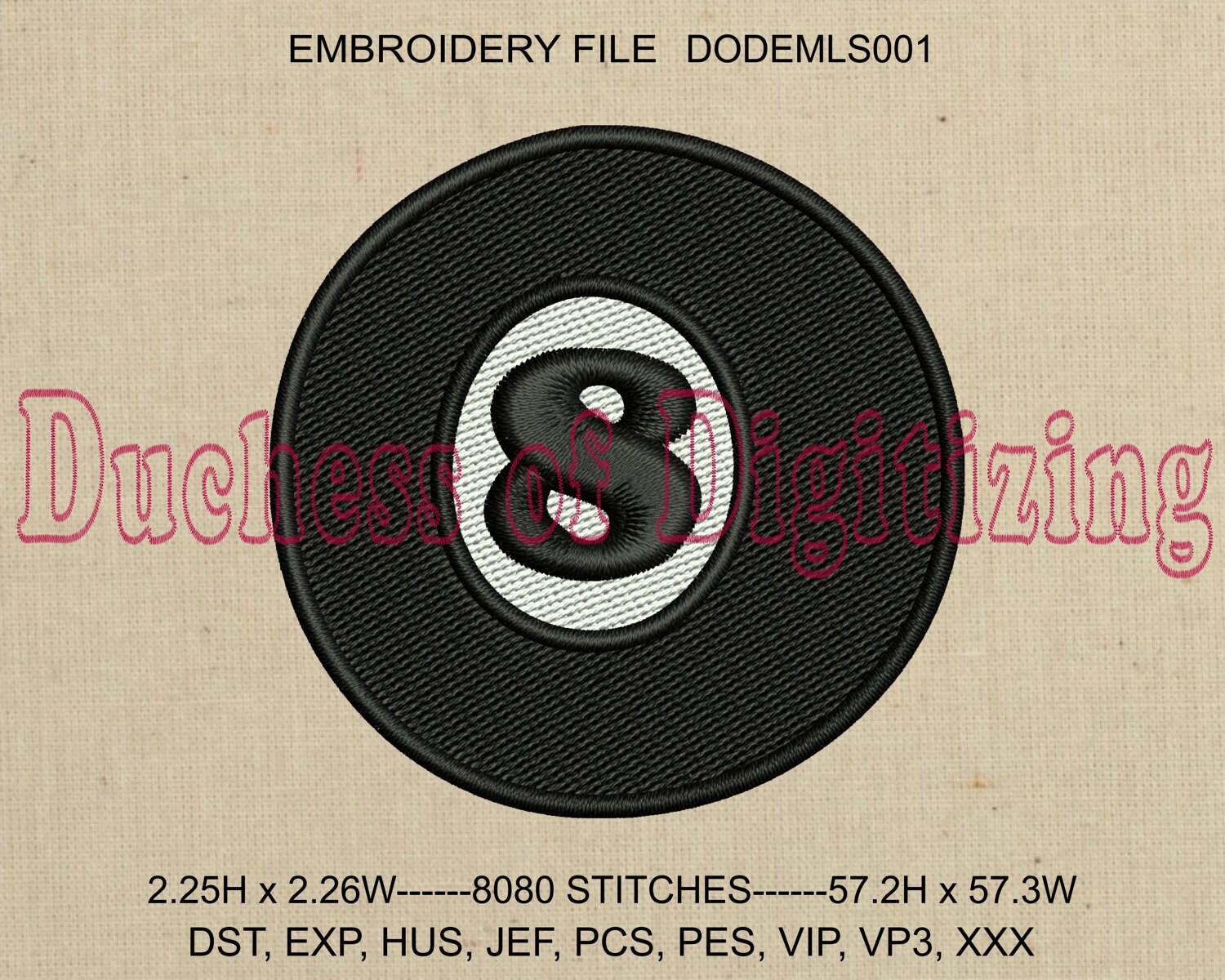 8 Ball Embroidery Design, 8 Ball Embroidery File, Billiards Embroidery