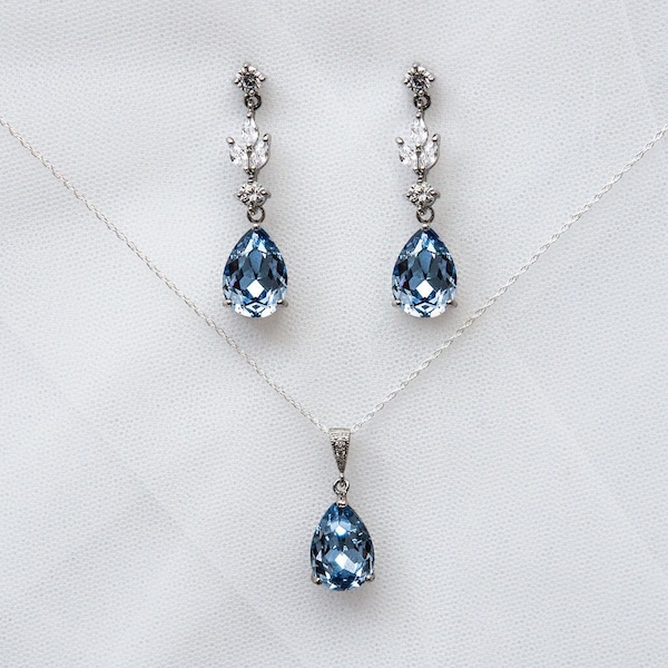 Light Blue Sapphire Bridal Jewellery Set - Wedding Jewellery - Drop Earring Pendant Set, Aquamarine - Topaz - Sky Blue Crystal