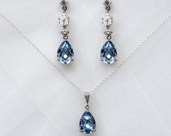 Light Blue Sapphire Bridal Jewellery Set - Wedding Jewellery - Drop Earring Pendant Set, Aquamarine - Topaz - Sky Blue Crystal